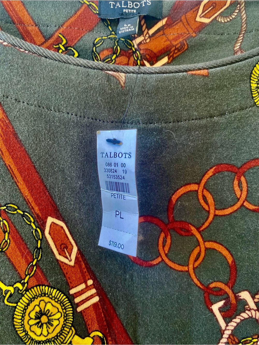 TALBOTS PETITE OLIVE GREEN EQUESTRIAN PRINT SHIFT DRESS SIZE LP - Picture 13 of 16